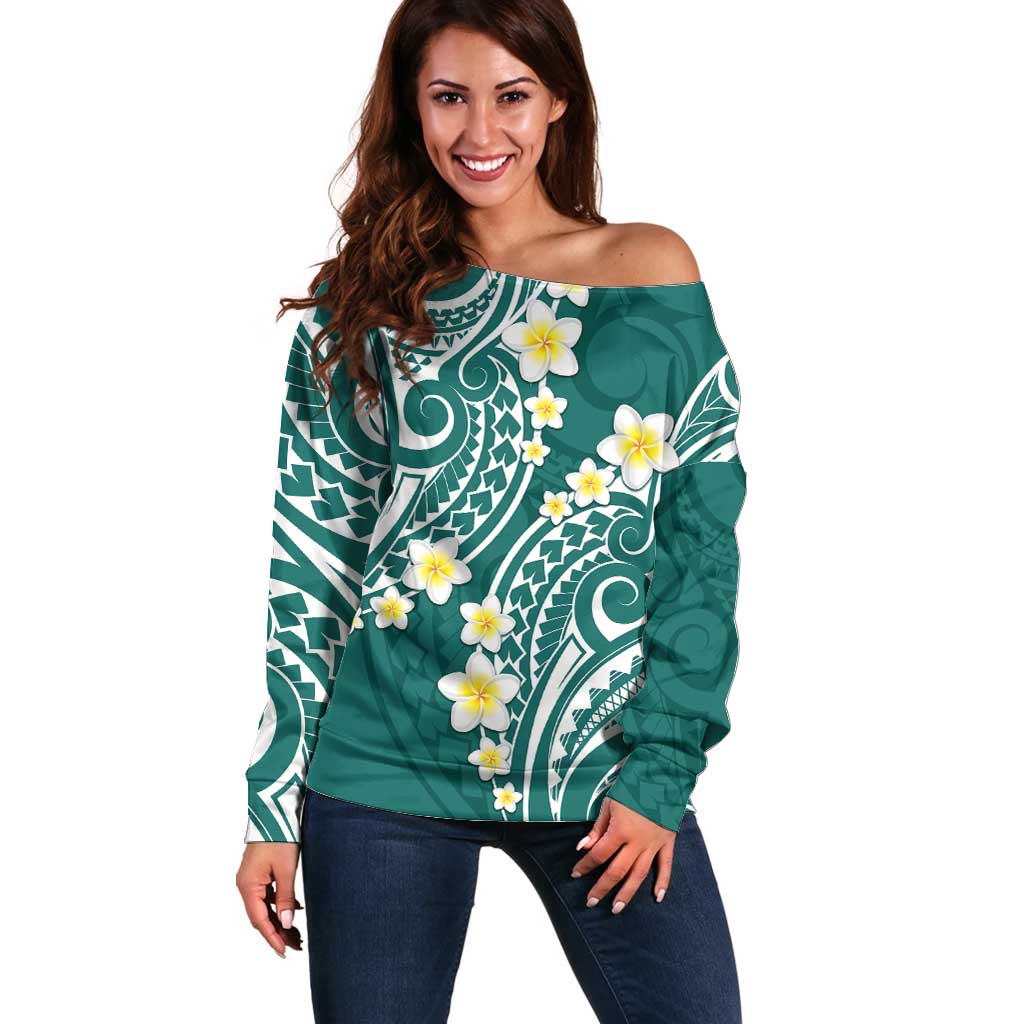 Plumeria With Teal Polynesian Tattoo Pattern Off Shoulder Sweater