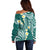 Plumeria With Teal Polynesian Tattoo Pattern Off Shoulder Sweater