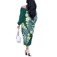 Plumeria With Teal Polynesian Tattoo Pattern Off The Shoulder Long Sleeve Dress