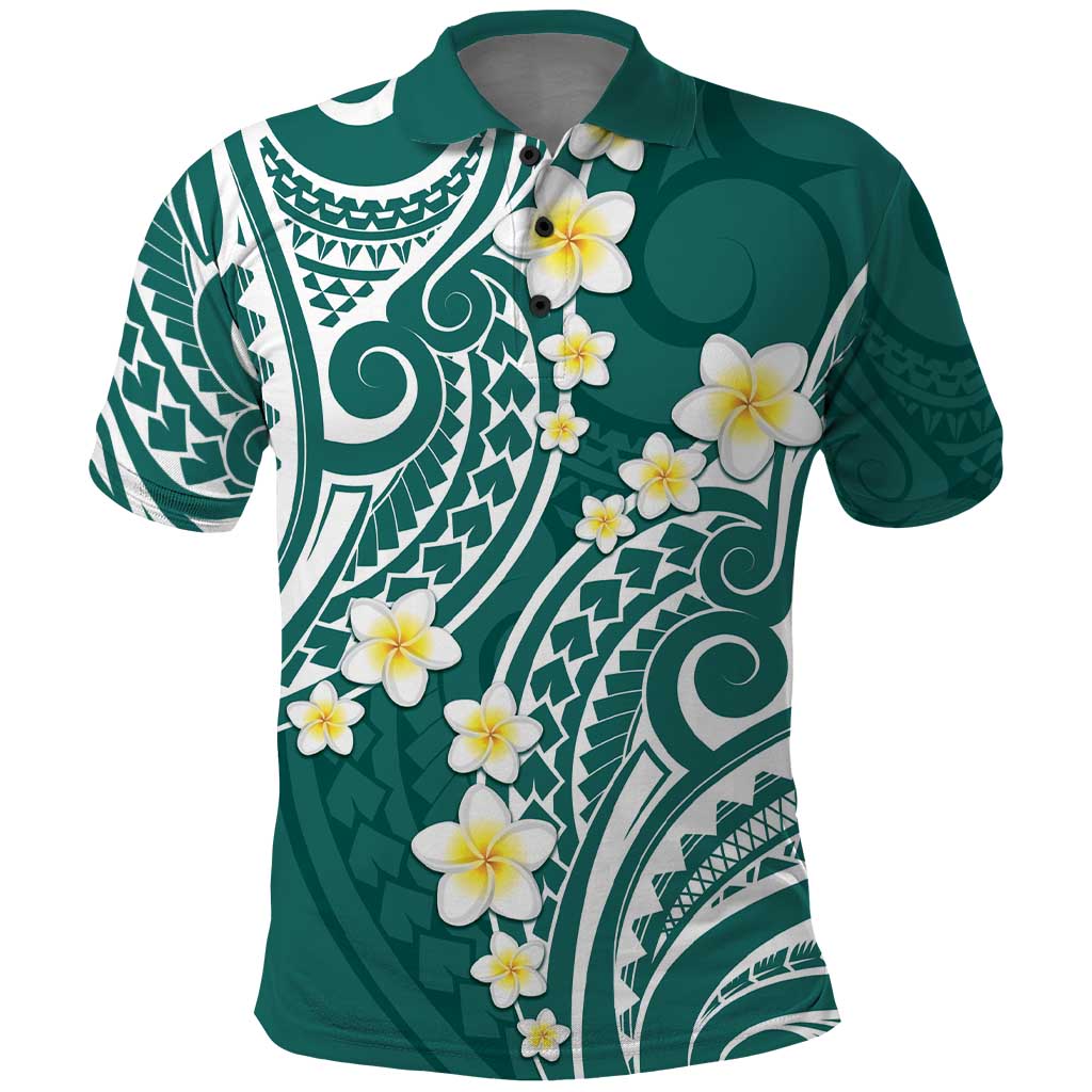 Plumeria With Teal Polynesian Tattoo Pattern Polo Shirt