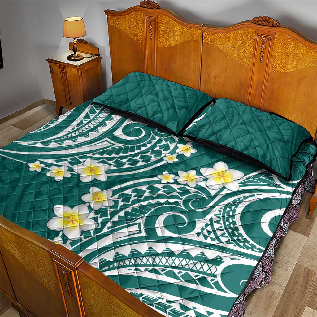 Plumeria With Teal Polynesian Tattoo Pattern Quilt Bed Set