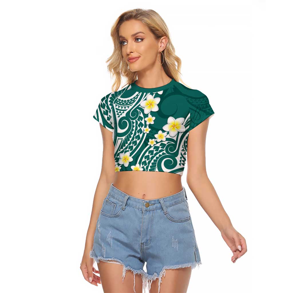 Plumeria With Teal Polynesian Tattoo Pattern Raglan Cropped T Shirt LT05 Female Teal - Polynesian Pride