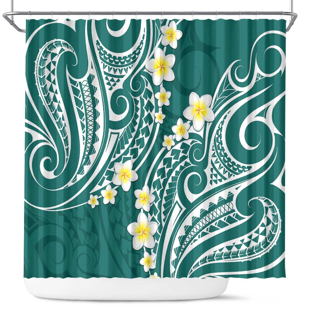 Plumeria With Teal Polynesian Tattoo Pattern Shower Curtain LT05 Teal - Polynesian Pride