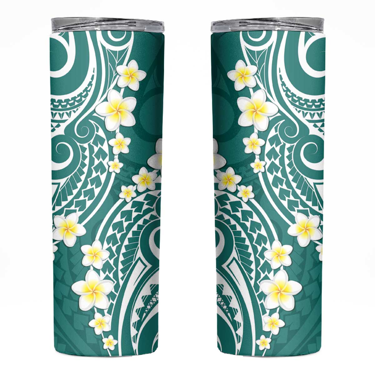 Plumeria With Teal Polynesian Tattoo Pattern Skinny Tumbler