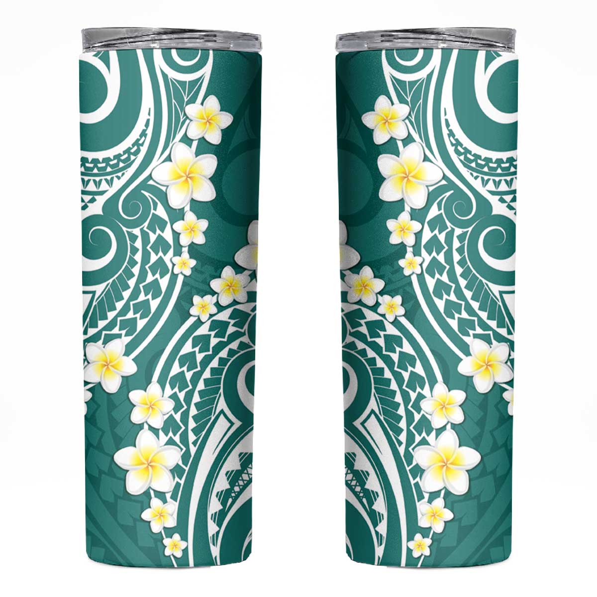 Plumeria With Teal Polynesian Tattoo Pattern Skinny Tumbler