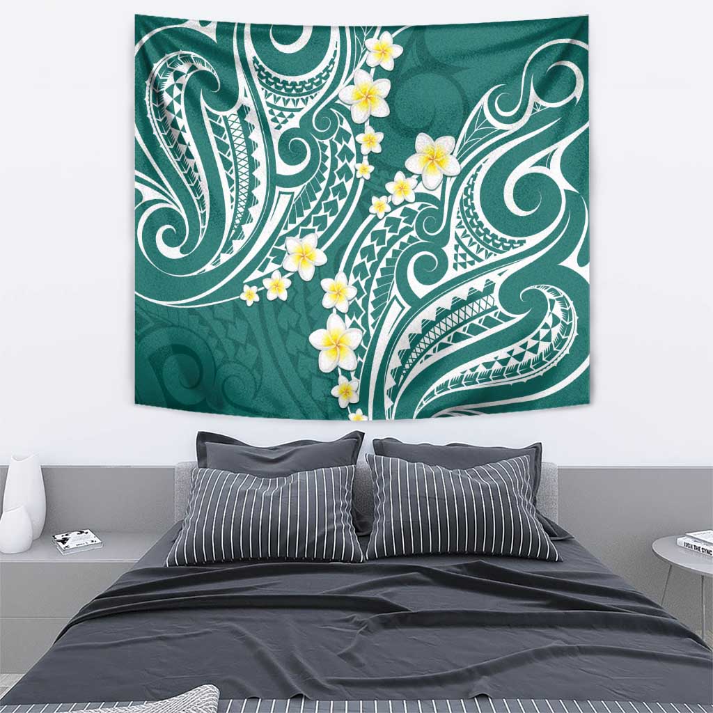 Plumeria With Teal Polynesian Tattoo Pattern Tapestry