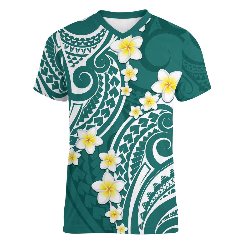 Plumeria With Teal Polynesian Tattoo Pattern Women V-Neck T-Shirt LT05 Female Teal - Polynesian Pride