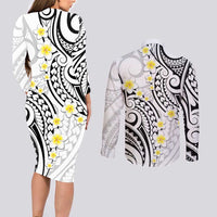 Plumeria With White Polynesian Tattoo Pattern Couples Matching Long Sleeve Bodycon Dress and Long Sleeve Button Shirt