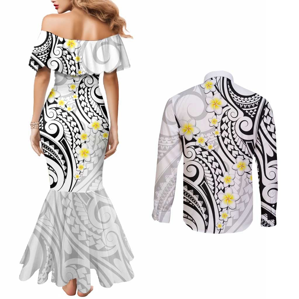Plumeria With White Polynesian Tattoo Pattern Couples Matching Mermaid Dress and Long Sleeve Button Shirt