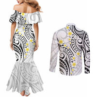 Plumeria With White Polynesian Tattoo Pattern Couples Matching Mermaid Dress and Long Sleeve Button Shirt