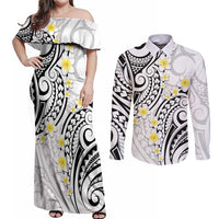 Plumeria With White Polynesian Tattoo Pattern Couples Matching Off Shoulder Maxi Dress and Long Sleeve Button Shirt
