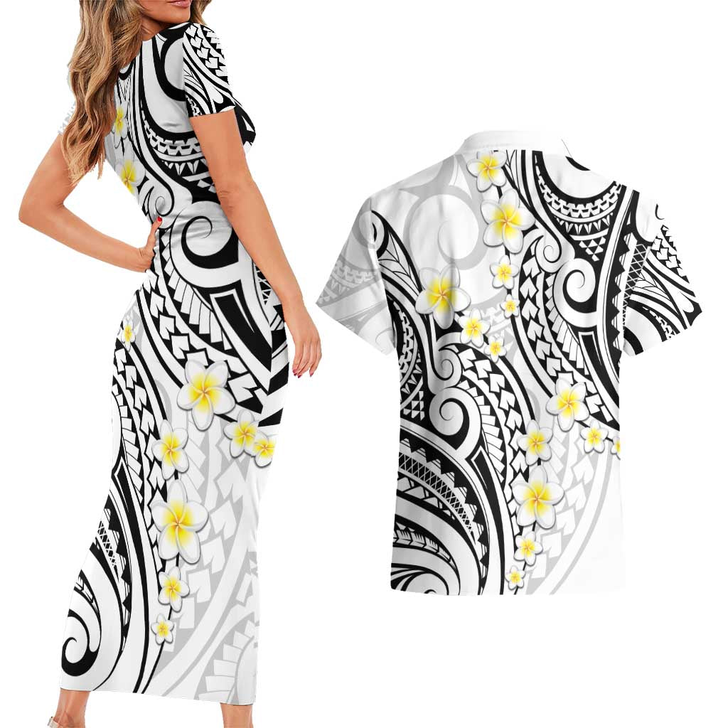 Plumeria With White Polynesian Tattoo Pattern Couples Matching Short Sleeve Bodycon Dress and Hawaiian Shirt