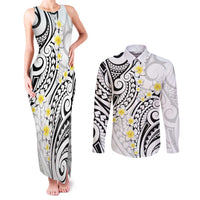 Plumeria With White Polynesian Tattoo Pattern Couples Matching Tank Maxi Dress and Long Sleeve Button Shirt