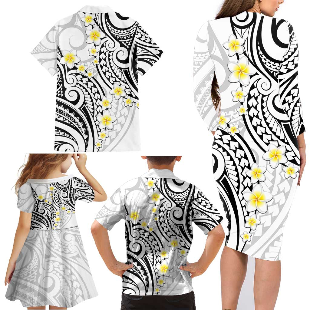 Plumeria With White Polynesian Tattoo Pattern Family Matching Long Sleeve Bodycon Dress and Hawaiian Shirt