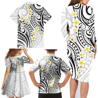 Plumeria With White Polynesian Tattoo Pattern Family Matching Long Sleeve Bodycon Dress and Hawaiian Shirt