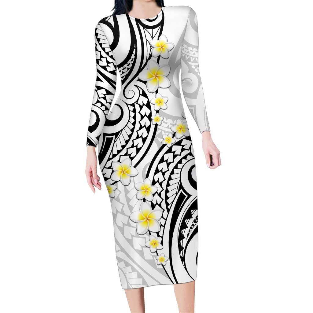 Plumeria With White Polynesian Tattoo Pattern Family Matching Long Sleeve Bodycon Dress and Hawaiian Shirt