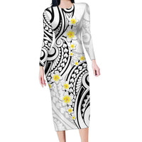 Plumeria With White Polynesian Tattoo Pattern Family Matching Long Sleeve Bodycon Dress and Hawaiian Shirt