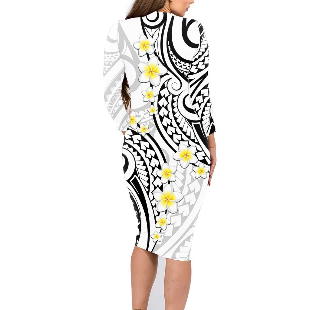 Plumeria With White Polynesian Tattoo Pattern Family Matching Long Sleeve Bodycon Dress and Hawaiian Shirt