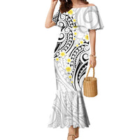 Plumeria With White Polynesian Tattoo Pattern Family Matching Mermaid Dress and Hawaiian Shirt LT05 Mom's Dress White - Polynesian Pride