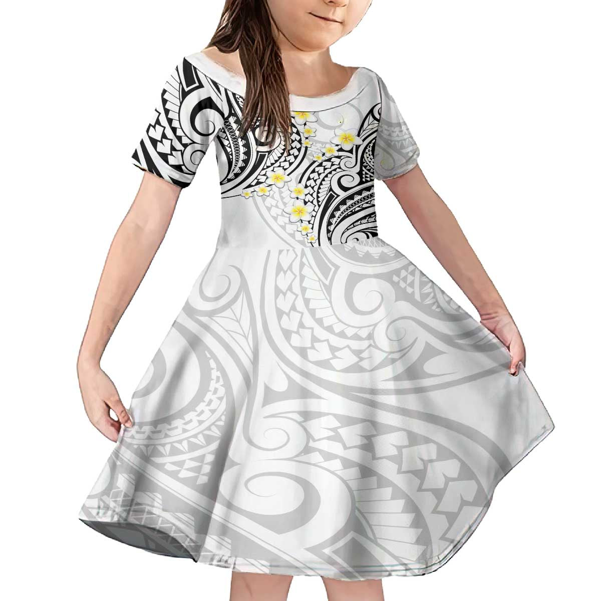 Plumeria With White Polynesian Tattoo Pattern Family Matching Off The Shoulder Long Sleeve Dress and Hawaiian Shirt