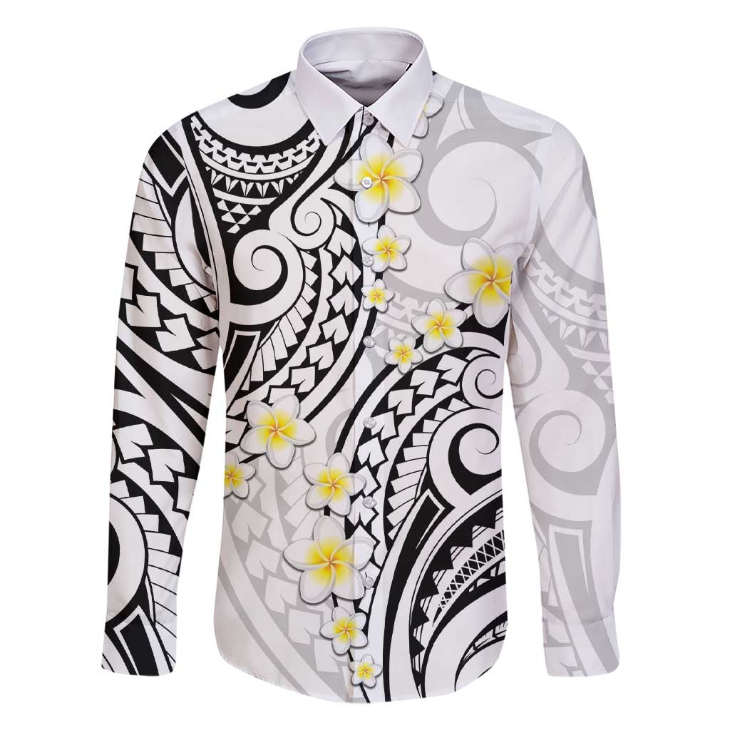 Plumeria With White Polynesian Tattoo Pattern Family Matching Short Sleeve Bodycon Dress and Hawaiian Shirt LT05 Dad's Shirt - Long Sleeve White - Polynesian Pride