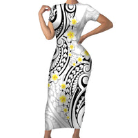 Plumeria With White Polynesian Tattoo Pattern Family Matching Short Sleeve Bodycon Dress and Hawaiian Shirt LT05 Mom's Dress White - Polynesian Pride
