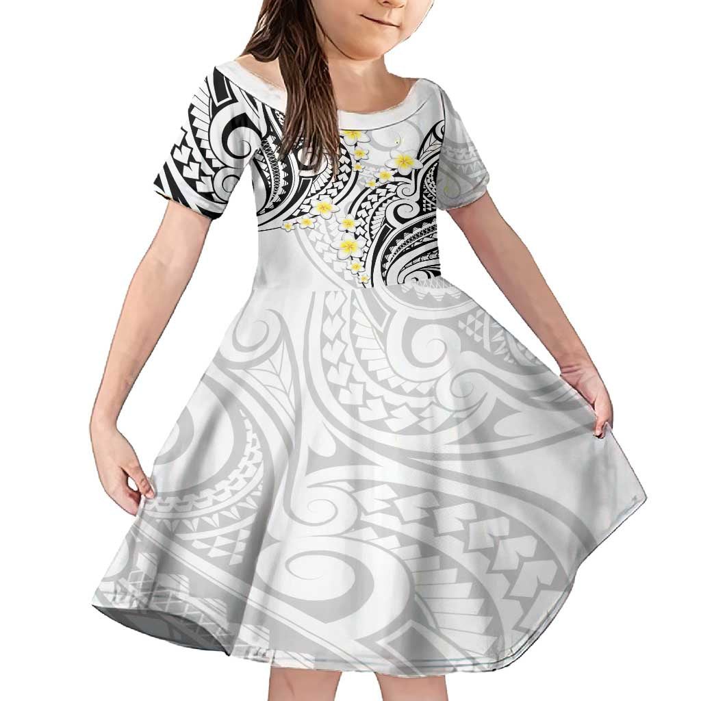 Plumeria With White Polynesian Tattoo Pattern Family Matching Tank Maxi Dress and Hawaiian Shirt LT05 Daughter's Dress White - Polynesian Pride