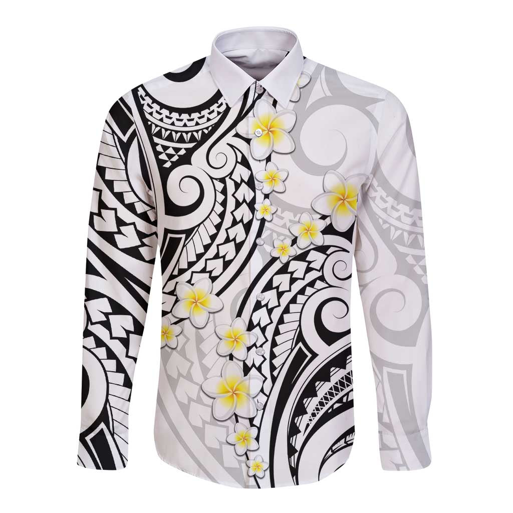Plumeria With White Polynesian Tattoo Pattern Long Sleeve Button Shirt