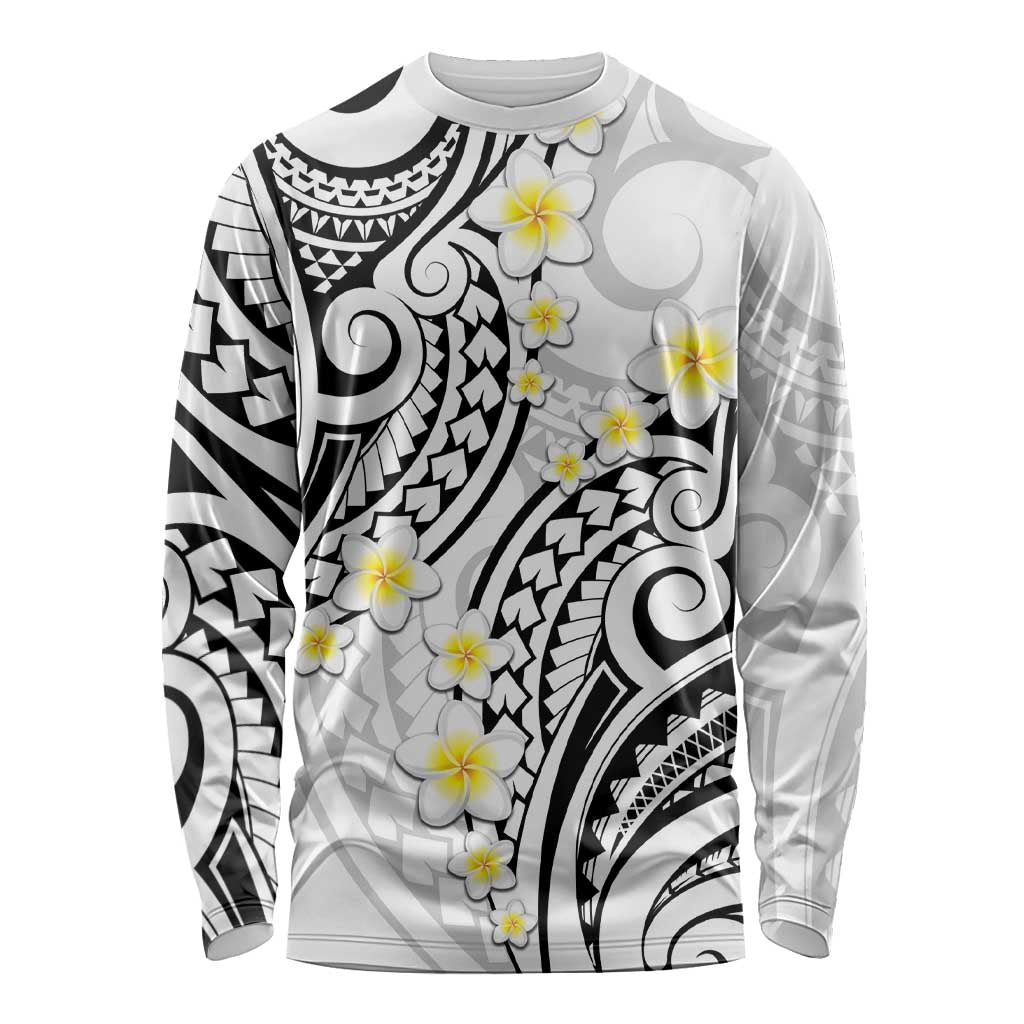 Plumeria With White Polynesian Tattoo Pattern Long Sleeve Shirt LT05 Unisex White - Polynesian Pride