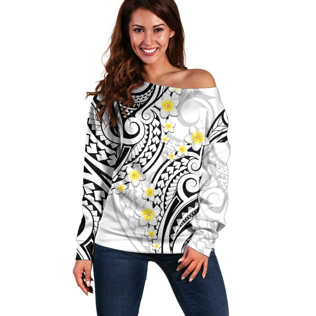 Plumeria With White Polynesian Tattoo Pattern Off Shoulder Sweater