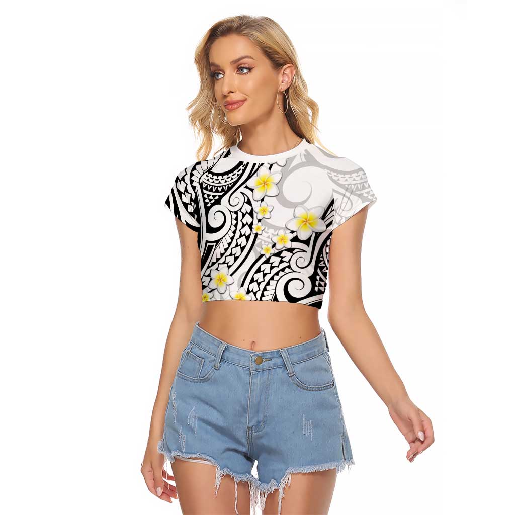 Plumeria With White Polynesian Tattoo Pattern Raglan Cropped T Shirt LT05 Female White - Polynesian Pride