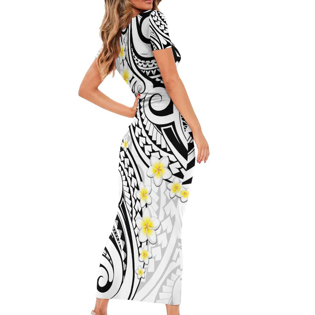 Plumeria With White Polynesian Tattoo Pattern Short Sleeve Bodycon Dress