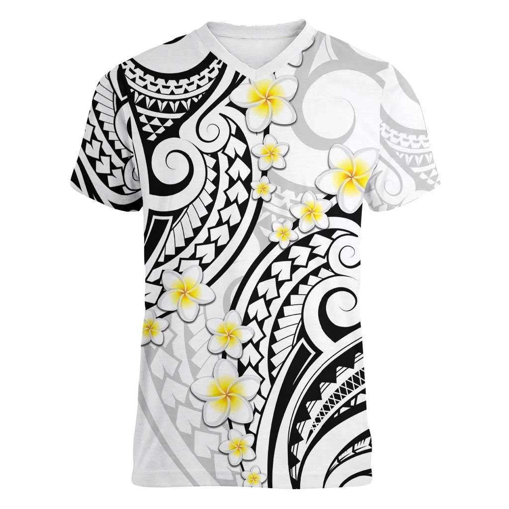 Plumeria With White Polynesian Tattoo Pattern Women V-Neck T-Shirt LT05 Female White - Polynesian Pride