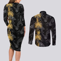 Hawaiian Honu And Surfboards Couples Matching Long Sleeve Bodycon Dress and Long Sleeve Button Shirt Gold Style - Polynesian Pride