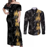 Hawaiian Honu And Surfboards Couples Matching Off Shoulder Maxi Dress and Long Sleeve Button Shirt Gold Style - Polynesian Pride