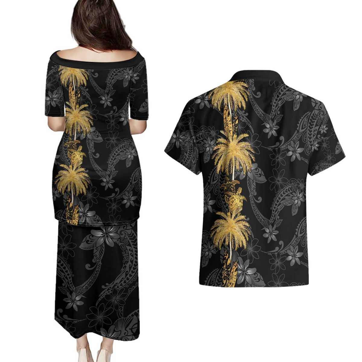 Hawaiian Honu And Surfboards Couples Matching Puletasi and Hawaiian Shirt Gold Style - Polynesian Pride