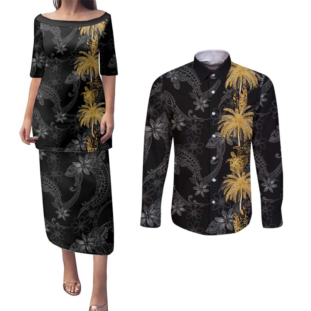 Hawaiian Honu And Surfboards Couples Matching Puletasi and Long Sleeve Button Shirt Gold Style - Polynesian Pride