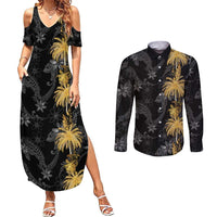 Hawaiian Honu And Surfboards Couples Matching Summer Maxi Dress and Long Sleeve Button Shirt Gold Style - Polynesian Pride