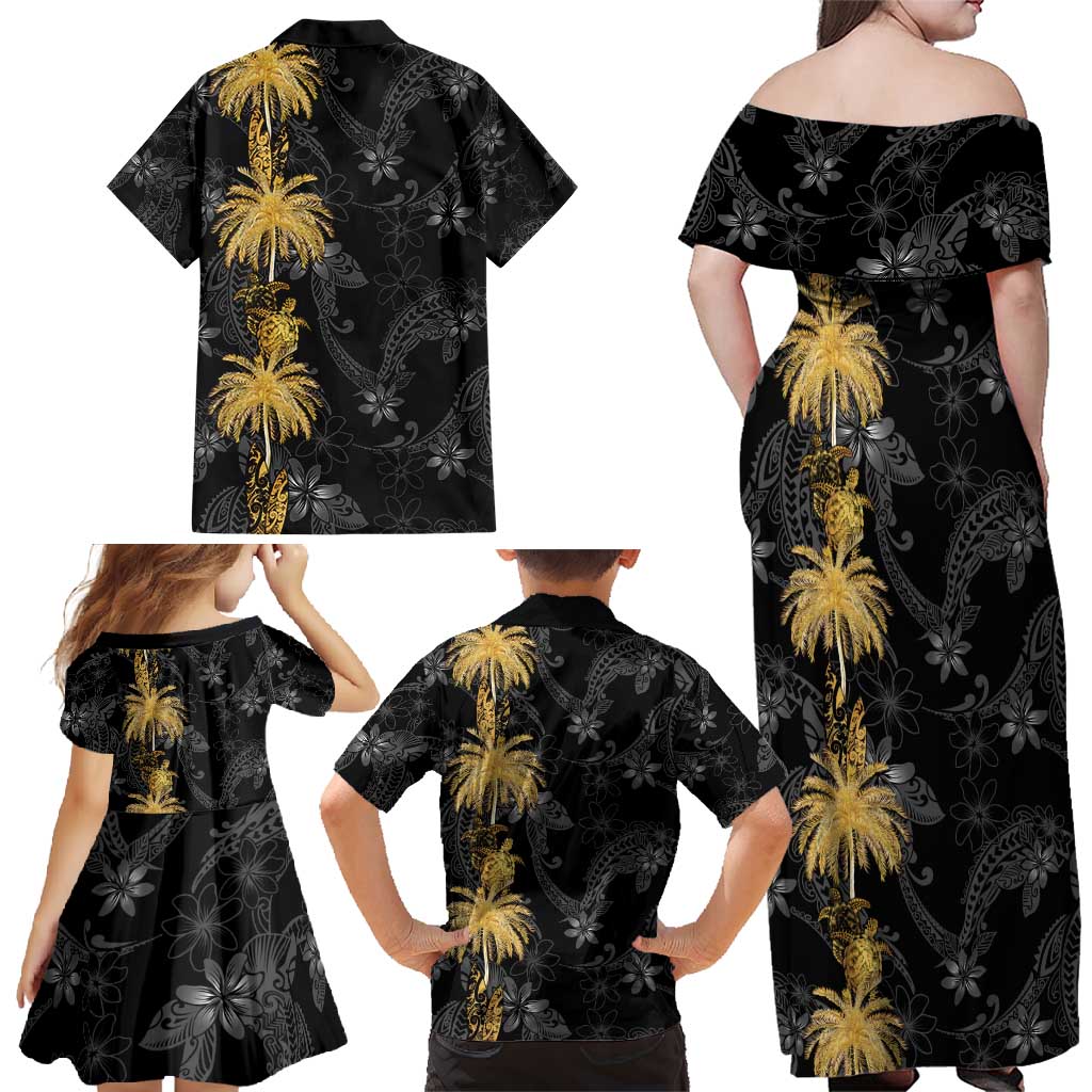 Hawaiian Honu And Surfboards Family Matching Off Shoulder Maxi Dress and Hawaiian Shirt Gold Style - Polynesian Pride