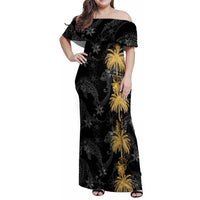 Hawaiian Honu And Surfboards Family Matching Off Shoulder Maxi Dress and Hawaiian Shirt Gold Style - Polynesian Pride