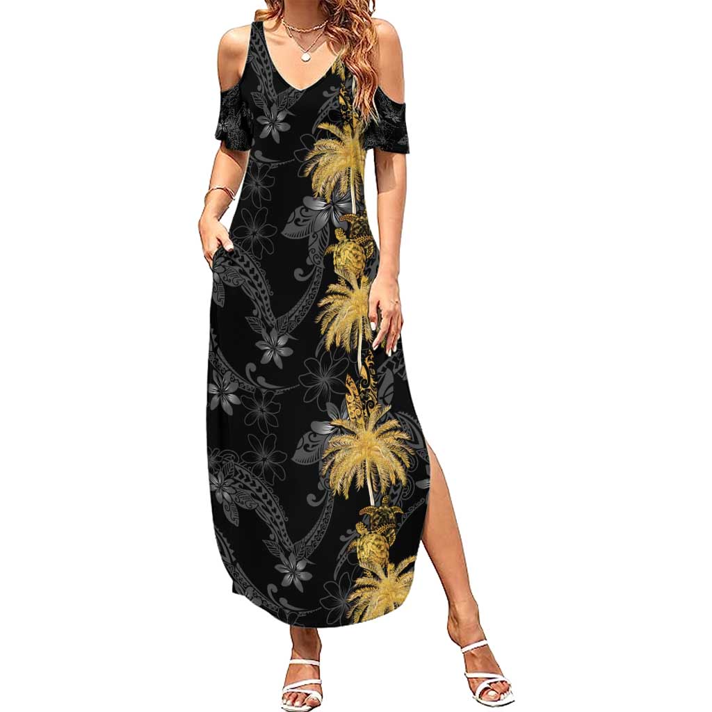 Hawaiian Honu And Surfboards Family Matching Summer Maxi Dress and Hawaiian Shirt Gold Style - Polynesian Pride