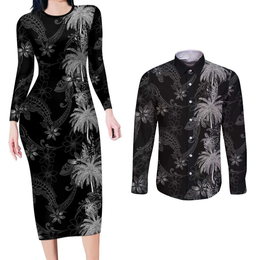 Hawaiian Honu And Surfboards Couples Matching Long Sleeve Bodycon Dress and Long Sleeve Button Shirt Silver Style - Polynesian Pride
