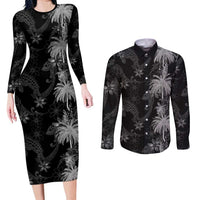 Hawaiian Honu And Surfboards Couples Matching Long Sleeve Bodycon Dress and Long Sleeve Button Shirt Silver Style - Polynesian Pride
