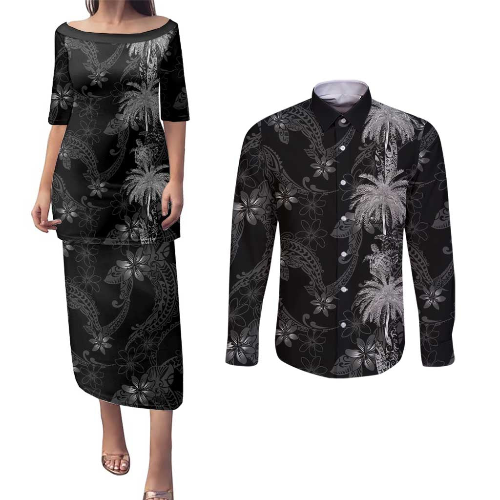 Hawaiian Honu And Surfboards Couples Matching Puletasi and Long Sleeve Button Shirt Silver Style - Polynesian Pride