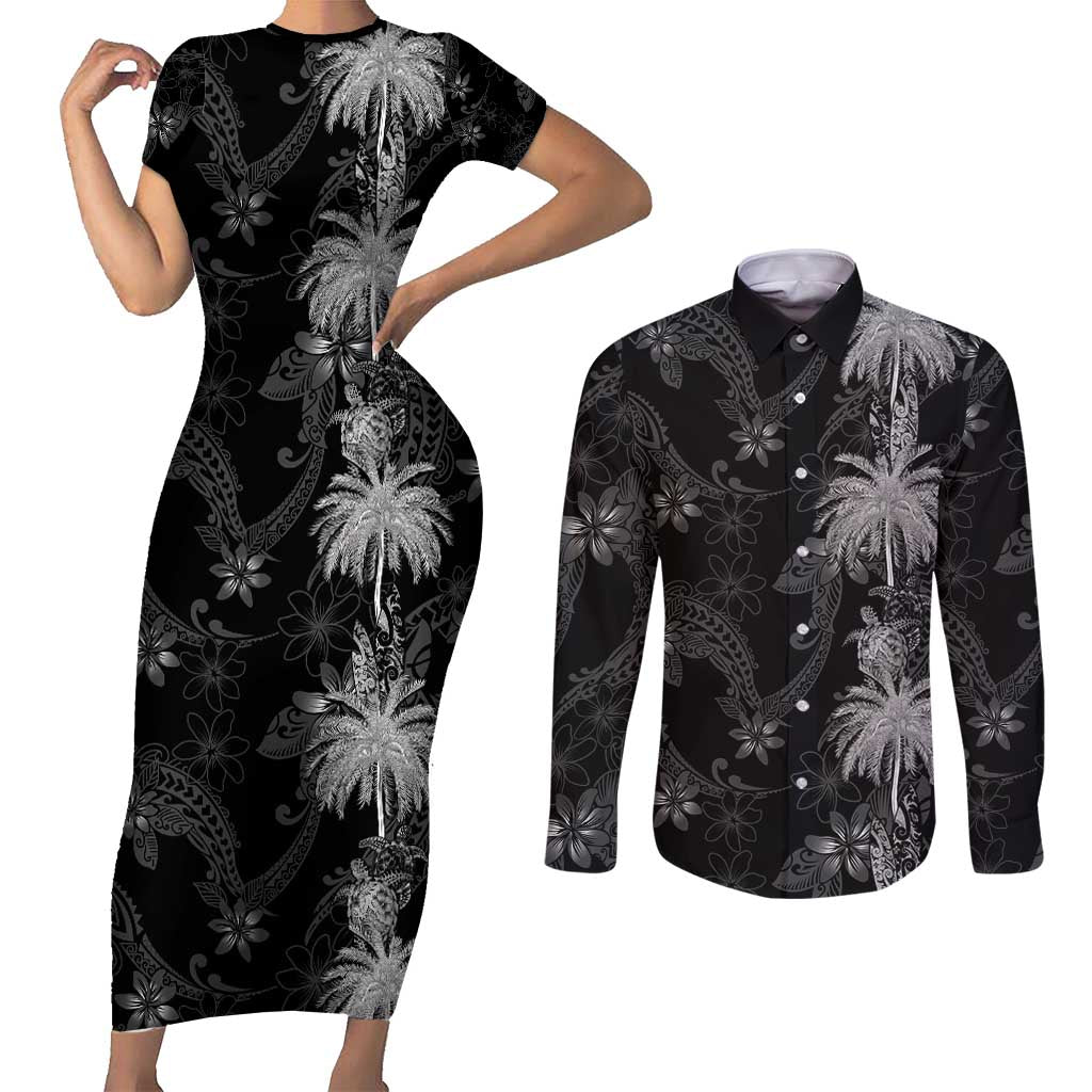Hawaiian Honu And Surfboards Couples Matching Short Sleeve Bodycon Dress and Long Sleeve Button Shirt Silver Style - Polynesian Pride
