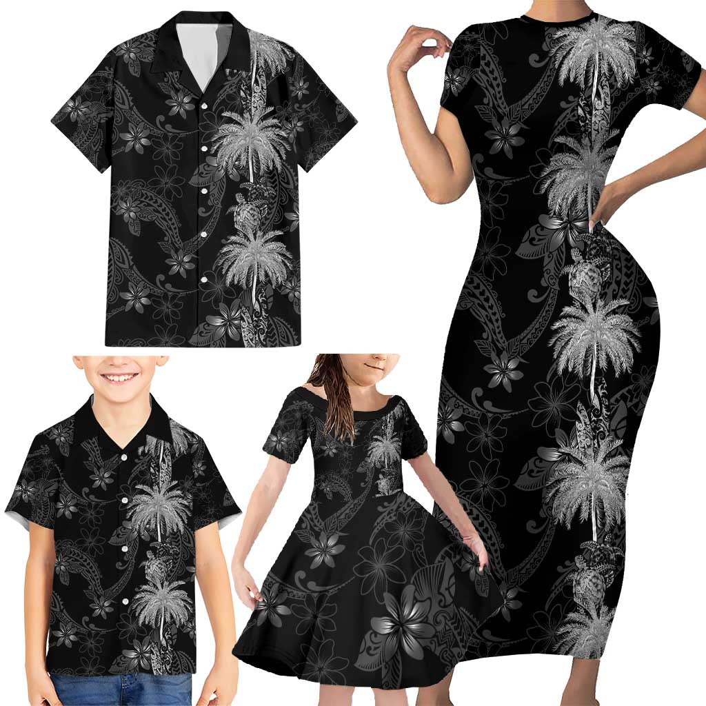 Hawaiian Honu And Surfboards Family Matching Short Sleeve Bodycon Dress and Hawaiian Shirt Silver Style - Polynesian Pride