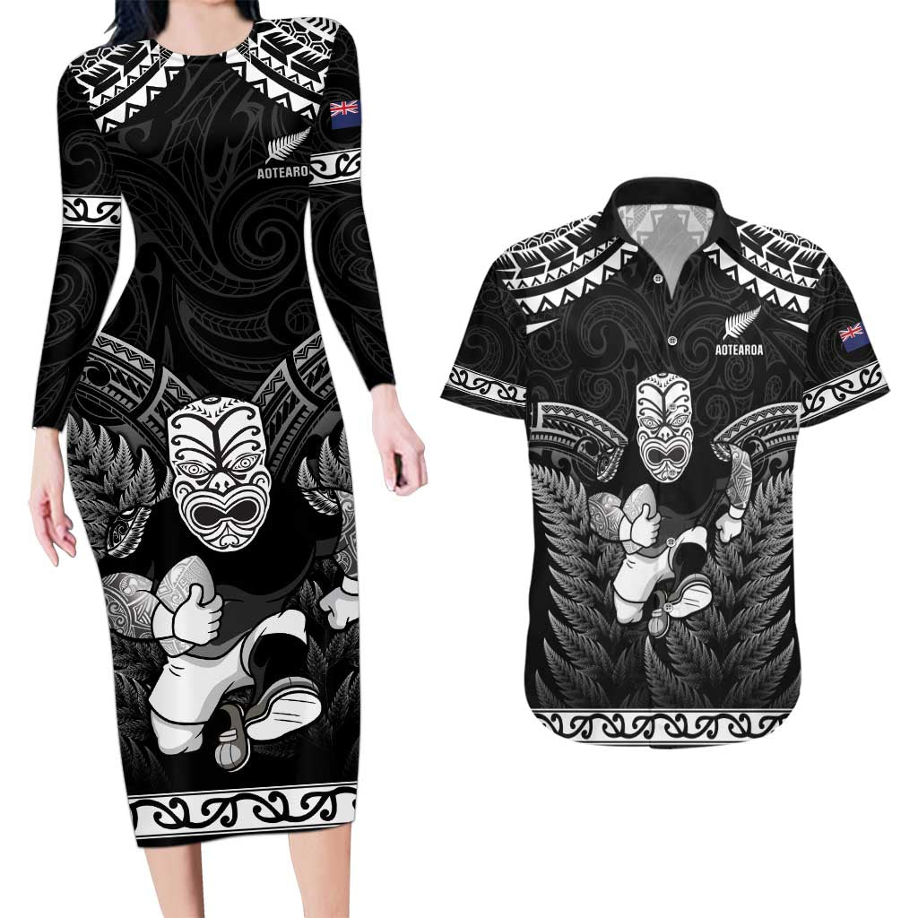 Custom New Zealand Maori Tiki Rugby Couples Matching Long Sleeve Bodycon Dress and Hawaiian Shirt Go Aotearoa Maori Pattern LT05 Black - Polynesian Pride