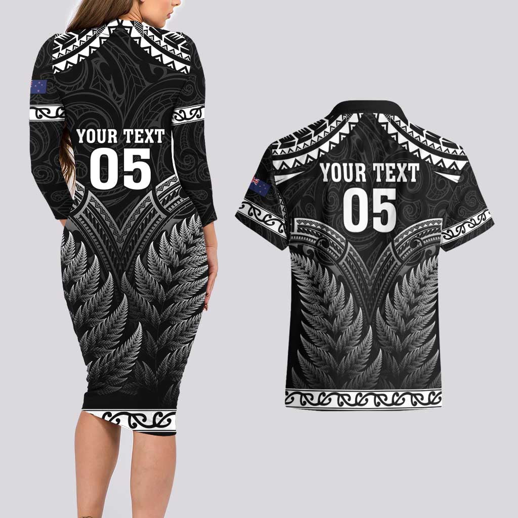 Custom New Zealand Maori Tiki Rugby Couples Matching Long Sleeve Bodycon Dress and Hawaiian Shirt Go Aotearoa Maori Pattern LT05 - Polynesian Pride