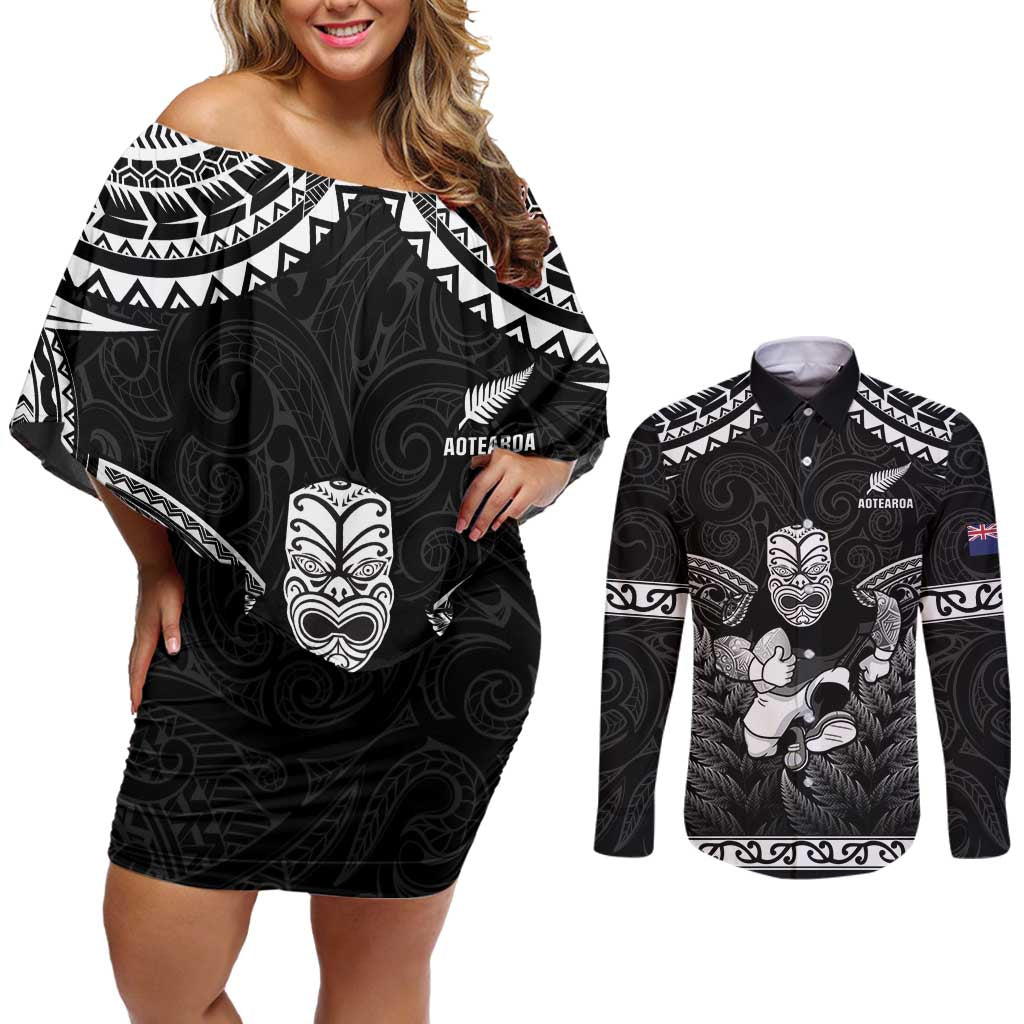 Custom New Zealand Maori Tiki Rugby Couples Matching Off Shoulder Short Dress and Long Sleeve Button Shirt Go Aotearoa Maori Pattern LT05 Black - Polynesian Pride