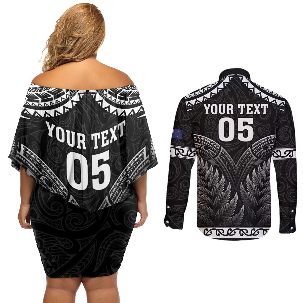 Custom New Zealand Maori Tiki Rugby Couples Matching Off Shoulder Short Dress and Long Sleeve Button Shirt Go Aotearoa Maori Pattern LT05 - Polynesian Pride